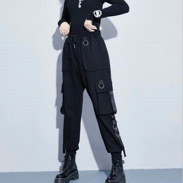 Streetwear Cargo Pants Women Casual Joggers Black High Waist Loose Female Trousers Korean Style Ribbon Ladies Pants
