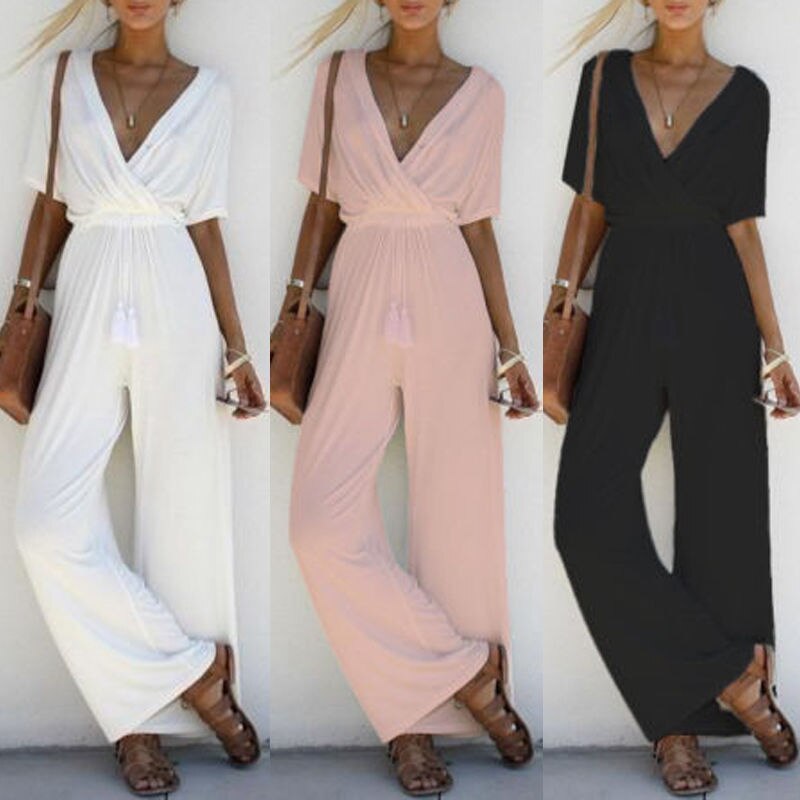 Women Jumpsuit Romper Short Sleeve V Neck Casual Playsuit Overalls Ladies Wide Leg Loose White Black Pink Playsuit Solid Jersey