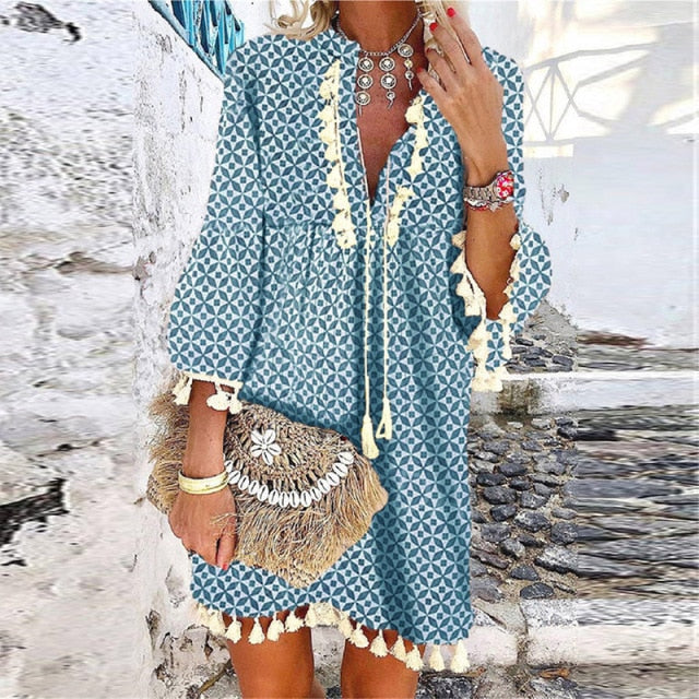 Women Vintage Print V Neck Tassel Mini Dress Casual Loose Three Quarter Sleeve Beach Dress 2022 Spring Summer Party Dress Femme