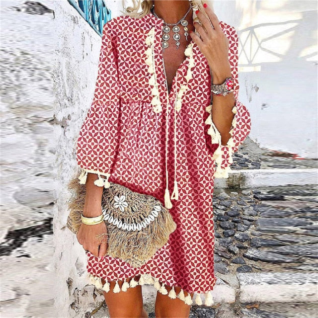 Women Vintage Print V Neck Tassel Mini Dress Casual Loose Three Quarter Sleeve Beach Dress 2022 Spring Summer Party Dress Femme