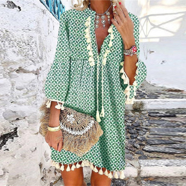 Women Vintage Print V Neck Tassel Mini Dress Casual Loose Three Quarter Sleeve Beach Dress 2022 Spring Summer Party Dress Femme