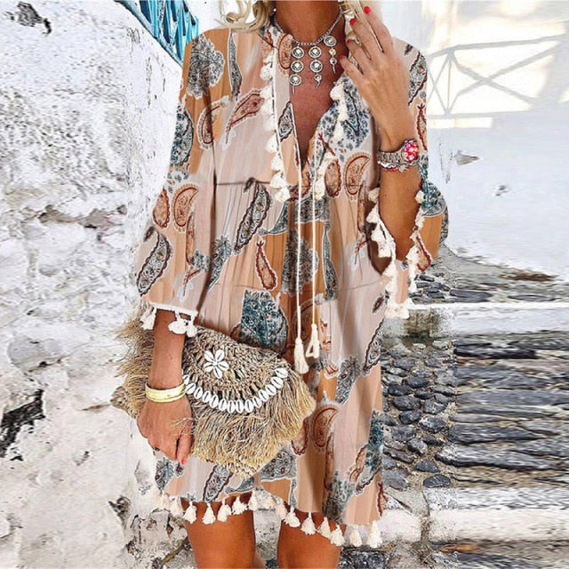 Women Vintage Print V Neck Tassel Mini Dress Casual Loose Three Quarter Sleeve Beach Dress 2022 Spring Summer Party Dress Femme