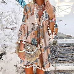 Women Vintage Print V Neck Tassel Mini Dress Casual Loose Three Quarter Sleeve Beach Dress 2022 Spring Summer Party Dress Femme