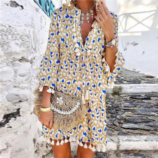 Women Vintage Print V Neck Tassel Mini Dress Casual Loose Three Quarter Sleeve Beach Dress 2022 Spring Summer Party Dress Femme