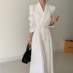 Spring Elegant Windbreaker Women's White Maxi Dress Korean Clothing Femme Robe Slim Suit Collar Double-Breasted Coat With Belt