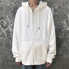 Women Harajuku Cotton Solid Color Zip-up White Hoodie Casual Loose Oversized Tops Aesthetic Streetwear Sweatshirt With Hat