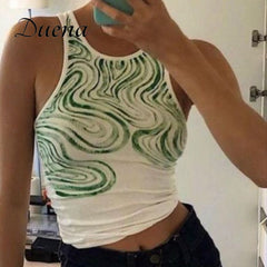 Duena Tie Dye Rib Tank Top Women Summer 2021 Streetwear Y2K Slim Casual Fashion Green Sleeveless Sexy Crop Top