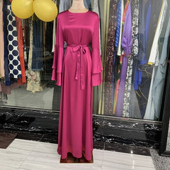 Ramadan Eid Mubarak Muslim Fashion Satin Dresses For Women Abaya Dubai Turkey Islam Hijab Dress Vestidos Robe Musulmane Longue