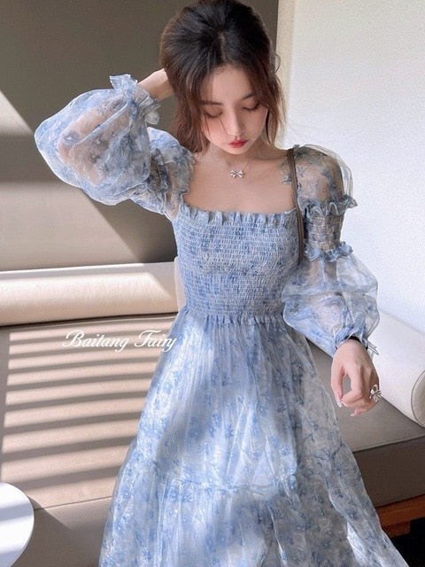 Summer Lace Elegant Midi Dress Women Puff Sleeve Square Collar Boho Beach Floral Dress Female Party One Piece Dress Korean