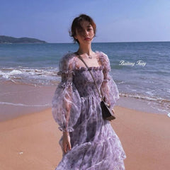 Summer Lace Elegant Midi Dress Women Puff Sleeve Square Collar Boho Beach Floral Dress Female Party One Piece Dress Korean