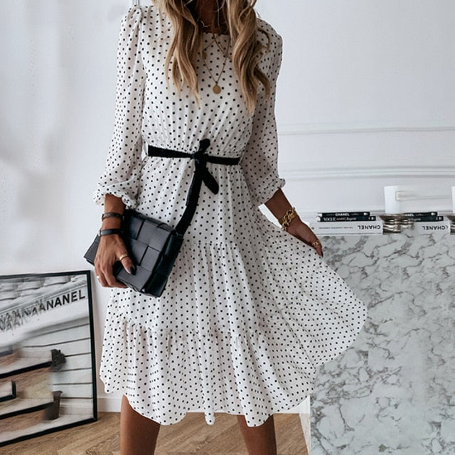 Vintage Polka Dot Sashes A-line Party Women Dress Long Sleeve O neck Ruffled Elegant Midi Dress 2021 Summer Holiday Dress Boho