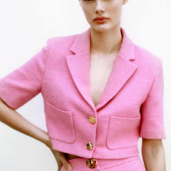 Lizakosht 2 Pieces Women ZA  Blazer+Skirt Set Vintage Stylish Notched Jacket Coats+Skirt Single Breasted Outerwear