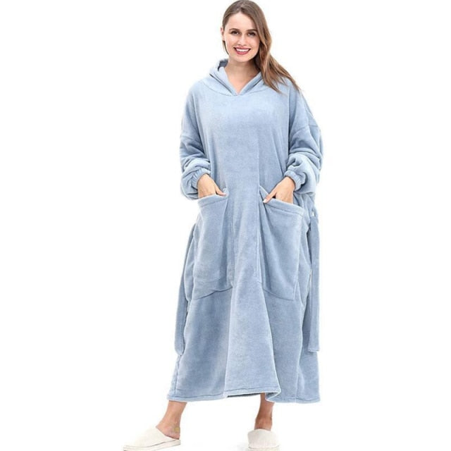 Super Long Flannel Blanket with Sleeves Winter Hoodies Sweatshirt Women Men Pullover Fleece Giant TV Blanket Oversized WF032