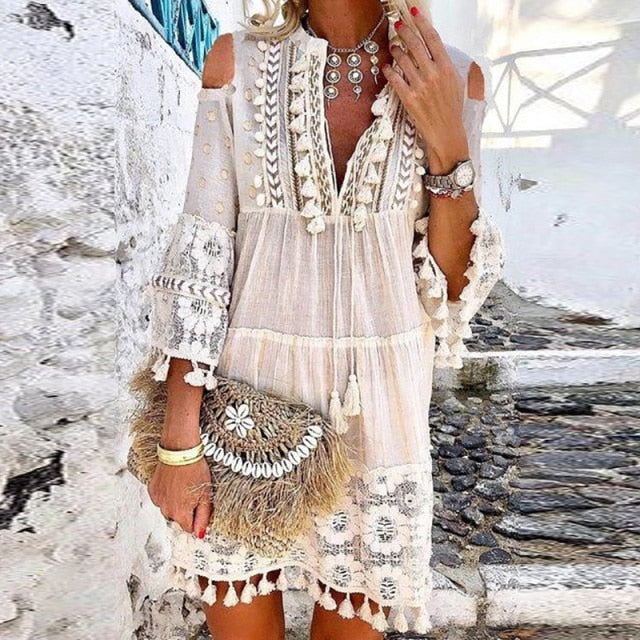 Women Vintage Print V Neck Tassel Mini Dress Casual Loose Three Quarter Sleeve Beach Dress 2022 Spring Summer Party Dress Femme