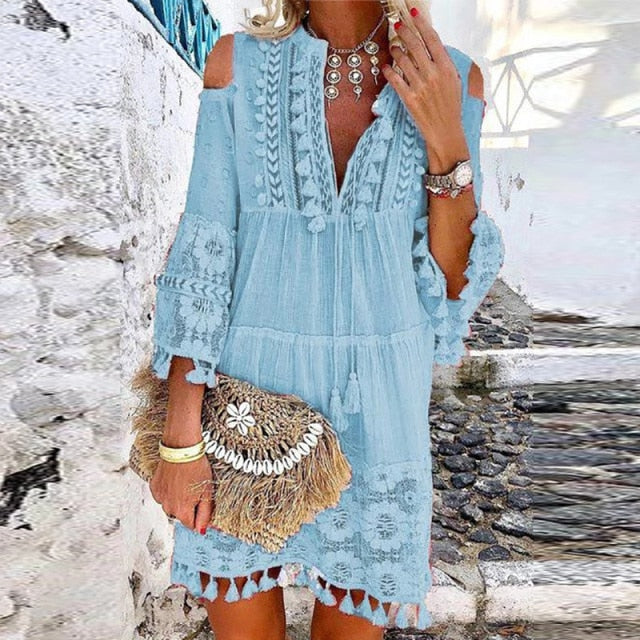 Women Vintage Print V Neck Tassel Mini Dress Casual Loose Three Quarter Sleeve Beach Dress 2022 Spring Summer Party Dress Femme