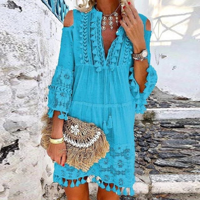 Women Vintage Print V Neck Tassel Mini Dress Casual Loose Three Quarter Sleeve Beach Dress 2022 Spring Summer Party Dress Femme