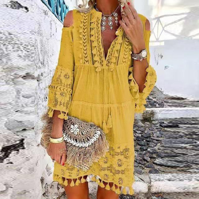 Women Vintage Print V Neck Tassel Mini Dress Casual Loose Three Quarter Sleeve Beach Dress 2022 Spring Summer Party Dress Femme