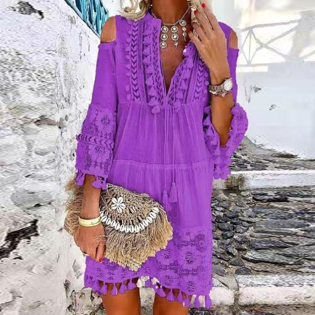 Women Vintage Print V Neck Tassel Mini Dress Casual Loose Three Quarter Sleeve Beach Dress 2022 Spring Summer Party Dress Femme