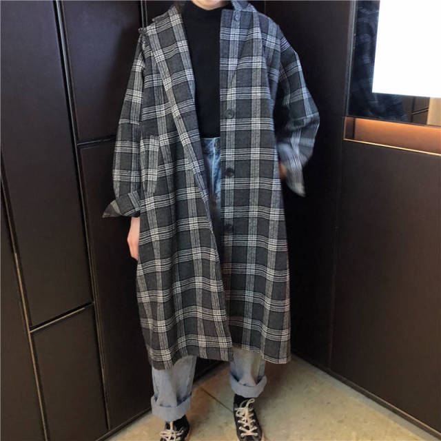 Vintage Woolen Women's Coat Fashion Lapel Long Blends Coats Women 2021 Korean Loose Plaid Women's Autumn Coat/Jacket