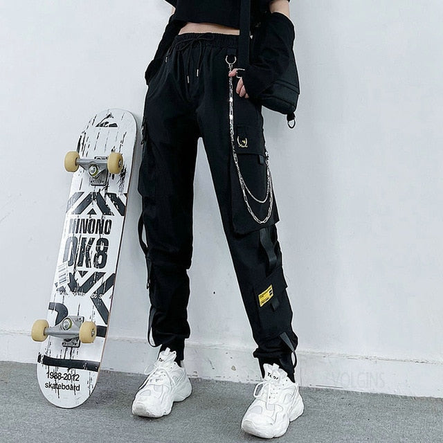 Streetwear Cargo Pants Women Casual Joggers Black High Waist Loose Female Trousers Korean Style Ribbon Ladies Pants