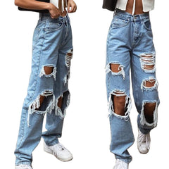 Women's Fashion Sexy Jeans Casual Pants Big Holes Long Trousers Women Jeans Ripped Frayed Loose  Denim Pants Women Clothing