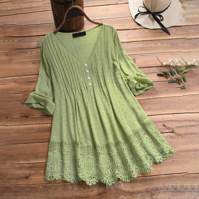 Undefined Summer Women Blouse Plus Size S-5XL Women Vintage Three Quarter Lace V-Neck Button Top Blouse Office Work Shirts