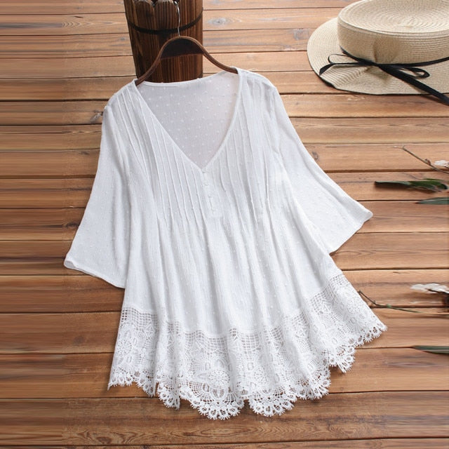 Undefined Summer Women Blouse Plus Size S-5XL Women Vintage Three Quarter Lace V-Neck Button Top Blouse Office Work Shirts