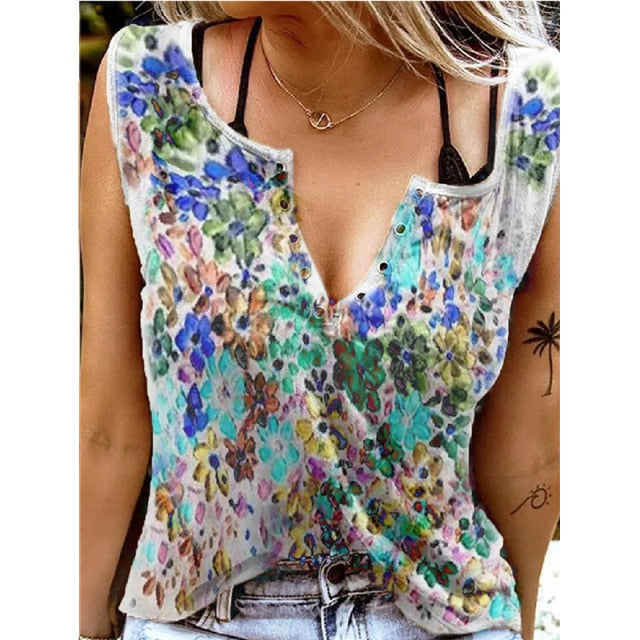 Summer New Vest Top Women's Sexy V Neck Sleeveless T Shirt Printing Short-sleeved Shirt Fashionable Sexy Plus Size Clothing