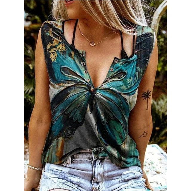 Summer New Vest Top Women's Sexy V Neck Sleeveless T Shirt Printing Short-sleeved Shirt Fashionable Sexy Plus Size Clothing