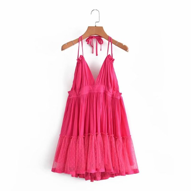 Lizakosht-Sexy Backless Lace Spliced Dress Summer Halter V-neck Mini Dresses Woman Dress Elegant Evening