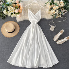 FTLZZ New Summer Women Sexy V Neck High Waist A-line Party Tank Sundress Elegant Bandage Bow Long Dress Vestidos Multicolour