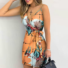 Summer Women Holiday Floral Leaves Print Bodycon V-neck Mini Dress Female Spaghetti Strap Bohemian Beachwear Bow Belt