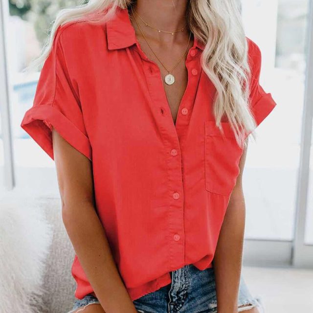 Gentillove Summer Office Lady Solid Tops and Blouses Casual Turn-drow Collar Shirt for Women Elegant Short Sleeve Loose Blouse