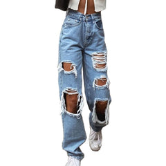 Women's Fashion Sexy Jeans Casual Pants Big Holes Long Trousers Women Jeans Ripped Frayed Loose  Denim Pants Women Clothing