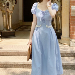 Puff Sleeve High Waist Retro Dress Women Square Collar A-line Long Dress 2021 Summer New Elegant Female Clothes Designer Korean