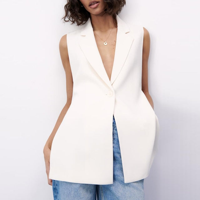 New ZA Classic Long Vest Women Elegant Suit Vest Spring Autumn Sleeveless Jackets Outerwear Office Lady Slim Waistcoat