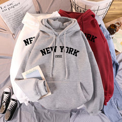 Female 2021  Thicken Warm Hoodies Lady Autumn Tops NEW Sweatshirts Velvet Winter Women's NEW YORK Printing Hooded Hoodies