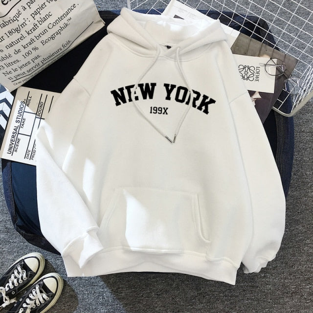 Female 2021  Thicken Warm Hoodies Lady Autumn Tops NEW Sweatshirts Velvet Winter Women's NEW YORK Printing Hooded Hoodies