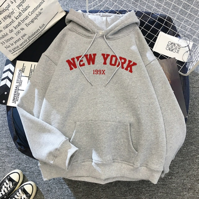 Female 2021  Thicken Warm Hoodies Lady Autumn Tops NEW Sweatshirts Velvet Winter Women's NEW YORK Printing Hooded Hoodies