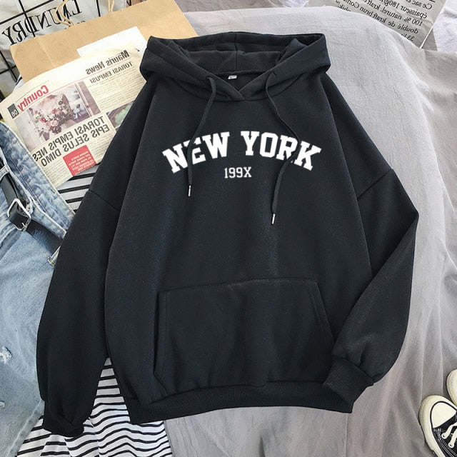 Female 2021  Thicken Warm Hoodies Lady Autumn Tops NEW Sweatshirts Velvet Winter Women's NEW YORK Printing Hooded Hoodies