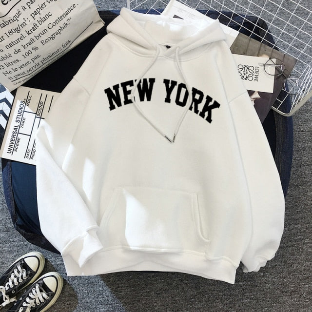 Female 2021  Thicken Warm Hoodies Lady Autumn Tops NEW Sweatshirts Velvet Winter Women's NEW YORK Printing Hooded Hoodies