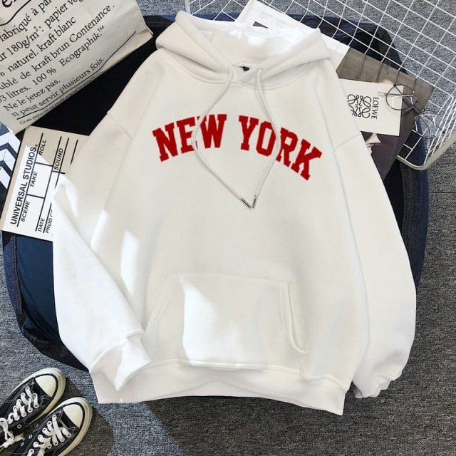 Female 2021  Thicken Warm Hoodies Lady Autumn Tops NEW Sweatshirts Velvet Winter Women's NEW YORK Printing Hooded Hoodies