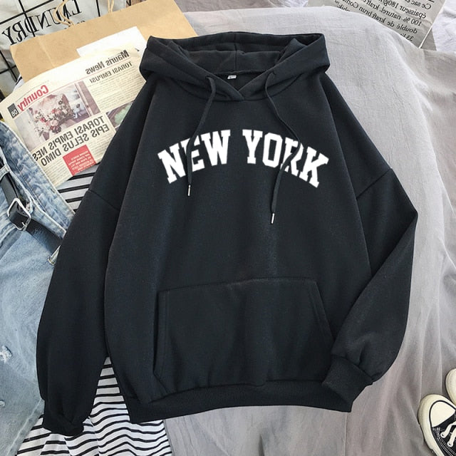 Female 2021  Thicken Warm Hoodies Lady Autumn Tops NEW Sweatshirts Velvet Winter Women's NEW YORK Printing Hooded Hoodies