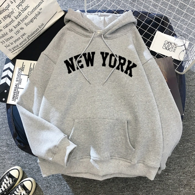 Female 2021  Thicken Warm Hoodies Lady Autumn Tops NEW Sweatshirts Velvet Winter Women's NEW YORK Printing Hooded Hoodies