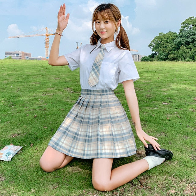 QRWR New Summer Women Skirts 2021 High Waist Girl's Pleated Skirt Korean Japanese Style Ladies Sweet Plaid Mini Skirts for Women