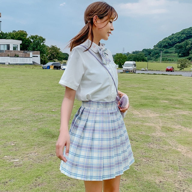 QRWR New Summer Women Skirts 2021 High Waist Girl's Pleated Skirt Korean Japanese Style Ladies Sweet Plaid Mini Skirts for Women