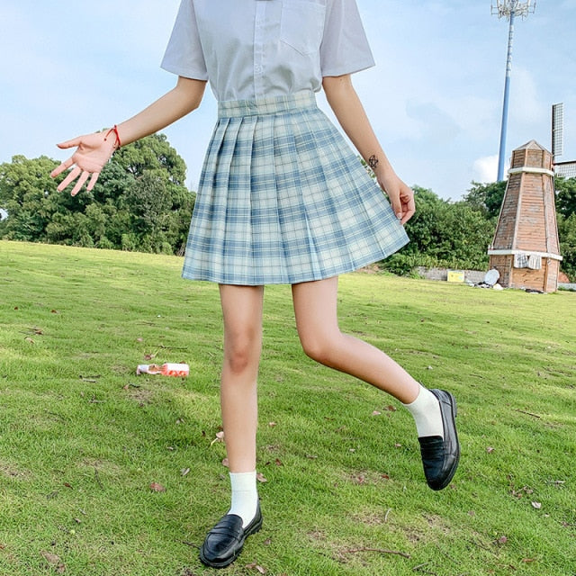 QRWR New Summer Women Skirts 2021 High Waist Girl's Pleated Skirt Korean Japanese Style Ladies Sweet Plaid Mini Skirts for Women