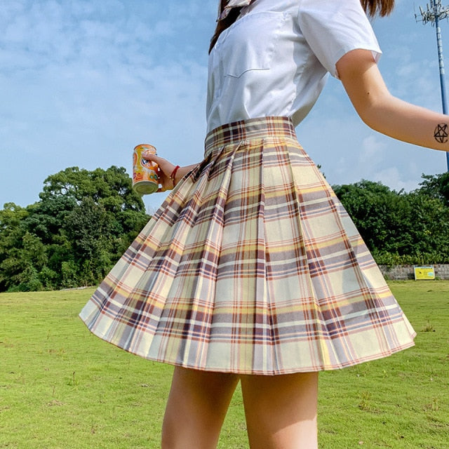QRWR New Summer Women Skirts 2021 High Waist Girl's Pleated Skirt Korean Japanese Style Ladies Sweet Plaid Mini Skirts for Women