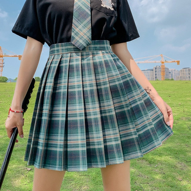 QRWR New Summer Women Skirts 2021 High Waist Girl's Pleated Skirt Korean Japanese Style Ladies Sweet Plaid Mini Skirts for Women