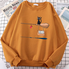 Cute Cat Not In Service Print Hoodies Women Casual Crewneck Sportswear Fleece Warm Fleece Sweatshirt Loose Hoody Autumn Clothes